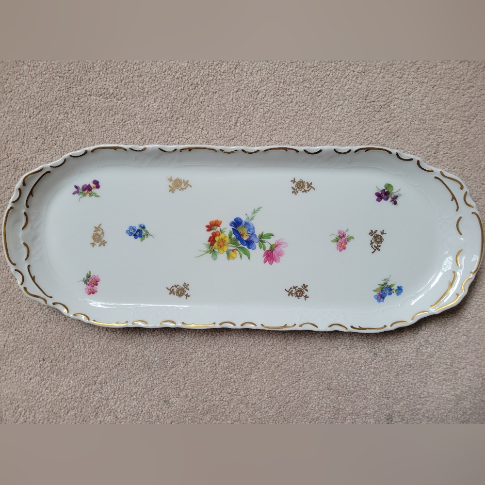 Reichenbach Floral Serving Tray Gold Rim German Democratic Republic Fine China